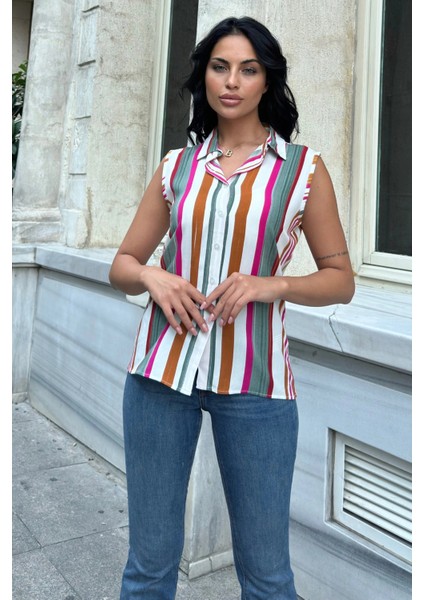 Haki Çizgili Kolsuz Viskon Gömlek modelleri