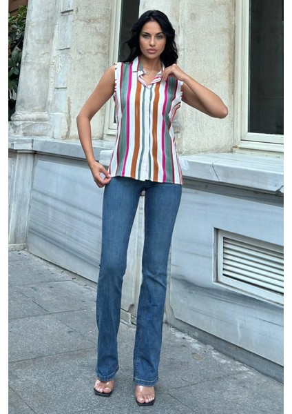 Haki Çizgili Kolsuz Viskon Gömlek fırsatları