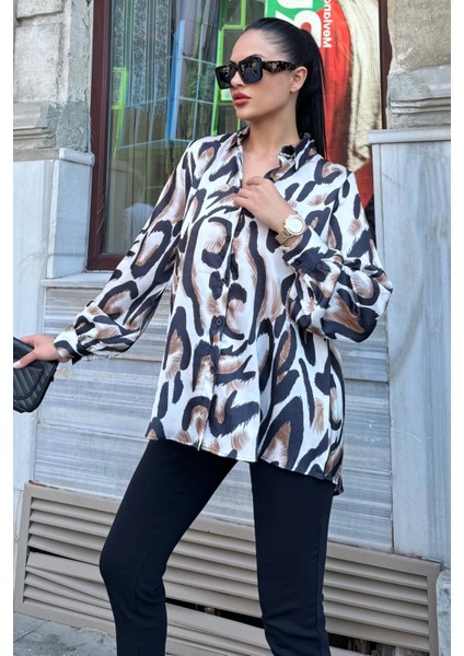 Kahve Saten Desenli Klasik Salaş Dobe Gömlek