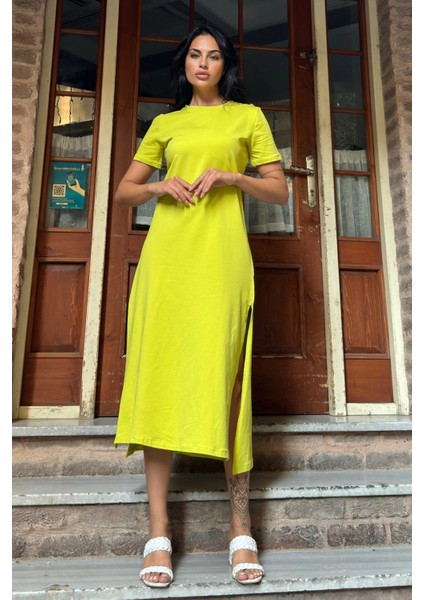 Yağ Yeşili Düğmeli Yırtmaçlı Uzun Elbise fiyatları