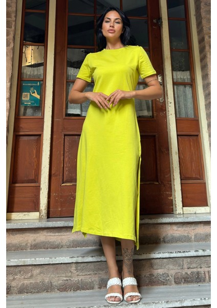 Yağ Yeşili Düğmeli Yırtmaçlı Uzun Elbise modelleri