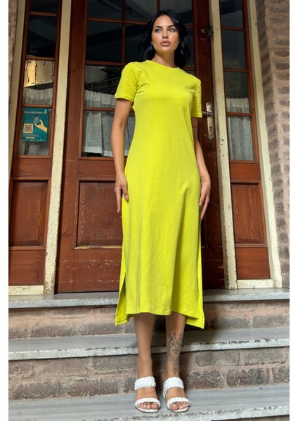 Yağ Yeşili Düğmeli Yırtmaçlı Uzun Elbise fırsatları