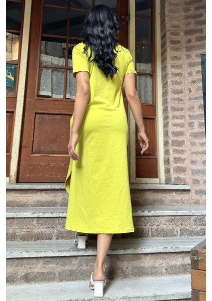 Yağ Yeşili Düğmeli Yırtmaçlı Uzun Elbise indirimleri