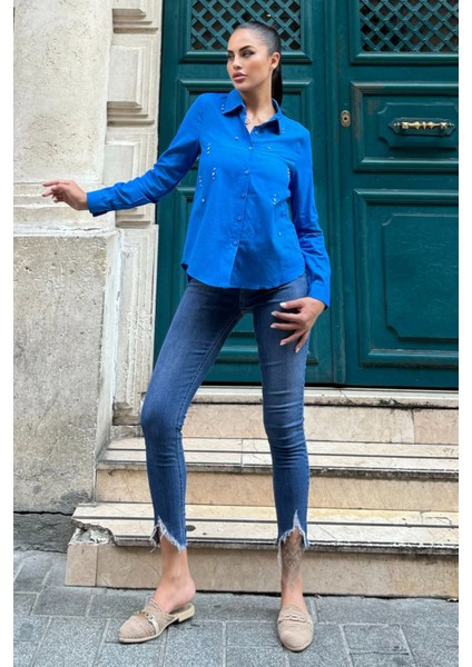 Saks Taş Işlemeli Pamuk Keten Klasik Gömlek modelleri