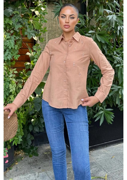 Taş Kahverengi Klasik Keten Pamuklu Bluz fiyatları