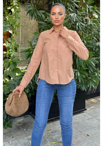 Taş Kahverengi Klasik Keten Pamuklu Bluz modelleri