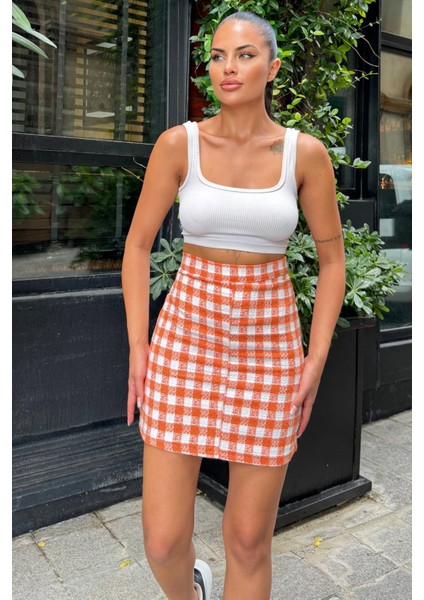Turuncu Ekose Yüksek Bel Mini Etek fiyatları