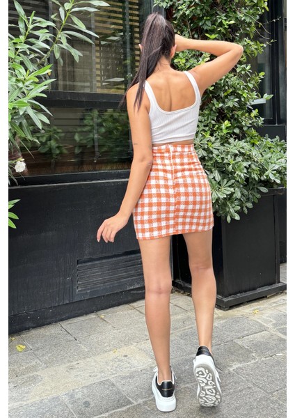 Turuncu Ekose Yüksek Bel Mini Etek fırsatları