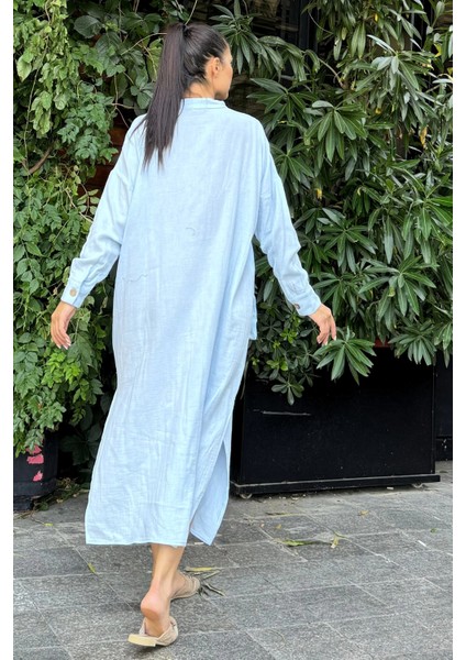 Kadın Bebe Mavi Oversize, Rahat Kesim, Cepli, Uzun Müslin Elbise indirimleri