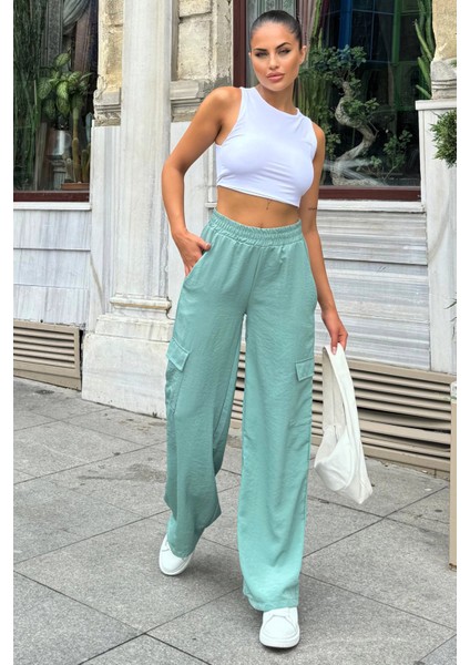 Kadın Mint Beli Lastikli, Kargo Cepli, Bol Paça Kupra Kumaş Palazzo Pantolon - Tesettüre Uygun
