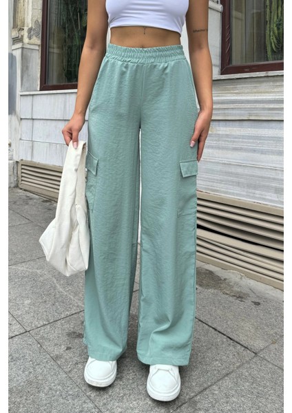 Kadın Mint Beli Lastikli, Kargo Cepli, Bol Paça Kupra Kumaş Palazzo Pantolon - Tesettüre Uygun fiyatları