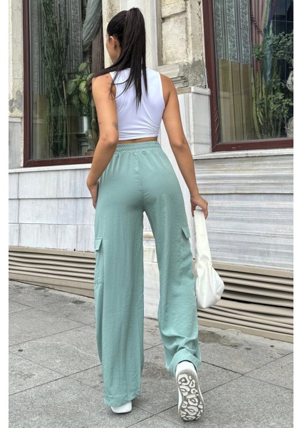 Kadın Mint Beli Lastikli, Kargo Cepli, Bol Paça Kupra Kumaş Palazzo Pantolon - Tesettüre Uygun modelleri