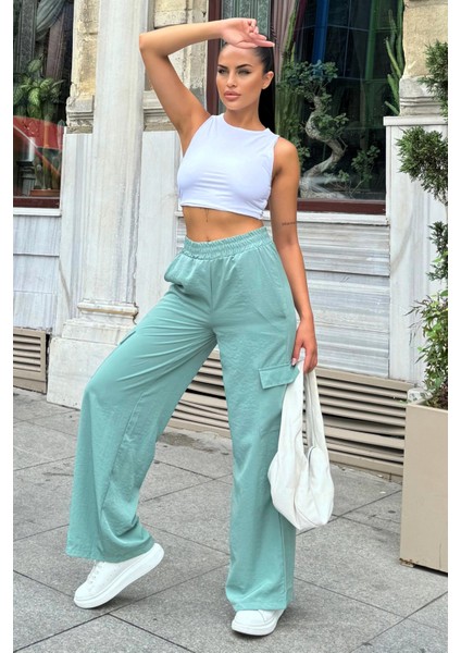 Kadın Mint Beli Lastikli, Kargo Cepli, Bol Paça Kupra Kumaş Palazzo Pantolon - Tesettüre Uygun indirimleri