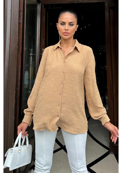 Kadın Camel Dokulu Kumaş, Uzun, Balon Kollu, Rahat Kesim, Pamuklu Gömlek
