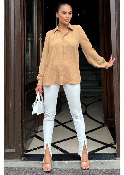 Kadın Camel Dokulu Kumaş, Uzun, Balon Kollu, Rahat Kesim, Pamuklu Gömlek fiyatları