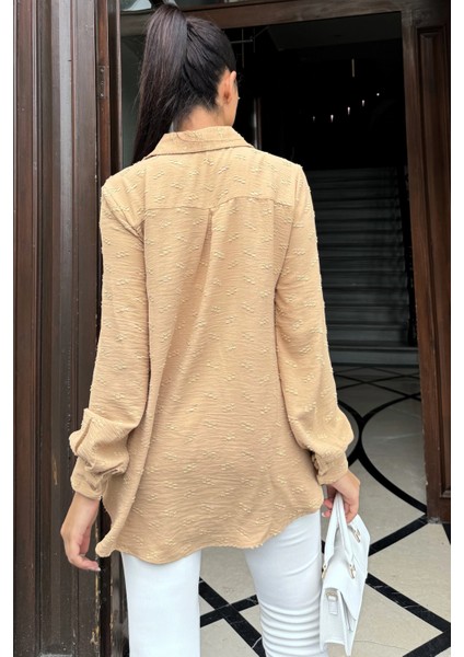 Kadın Camel Dokulu Kumaş, Uzun, Balon Kollu, Rahat Kesim, Pamuklu Gömlek modelleri