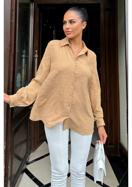 Kadın Camel Dokulu Kumaş, Uzun, Balon Kollu, Rahat Kesim, Pamuklu Gömlek fırsatları
