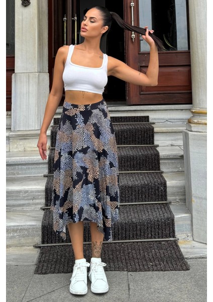 Kadın Laci & Ekru Desenli, Asimetrik Kesim, Hareketli, Rahat Moda Etek
