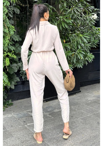 Kadın Bej Uzun Kol, Gömlek Yaka, Cepli, Kemerli, Airobin Safari Tulum modelleri