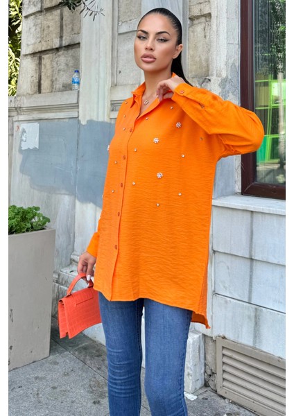 Turuncu Taş Detaylı Keten Klasik Gömlek