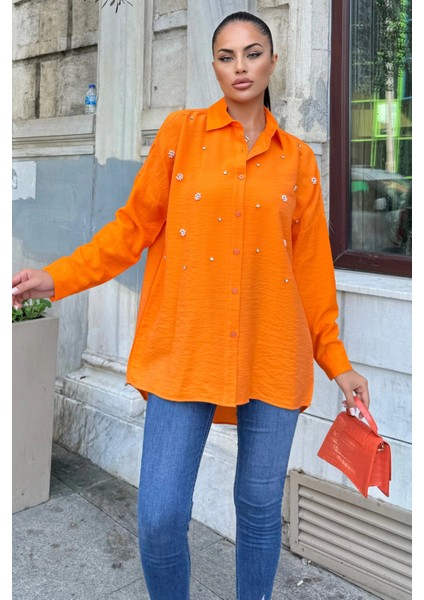 Turuncu Taş Detaylı Keten Klasik Gömlek fiyatları