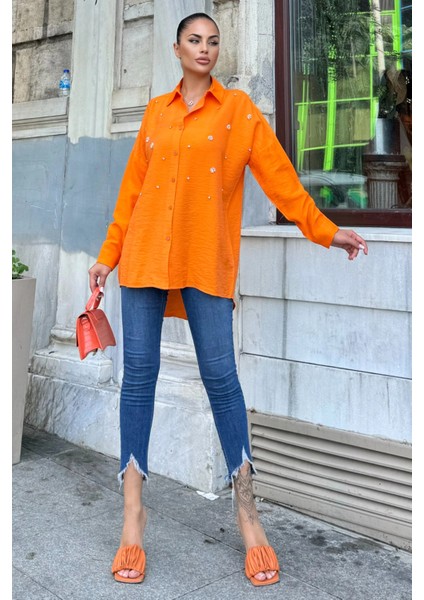 Turuncu Taş Detaylı Keten Klasik Gömlek modelleri