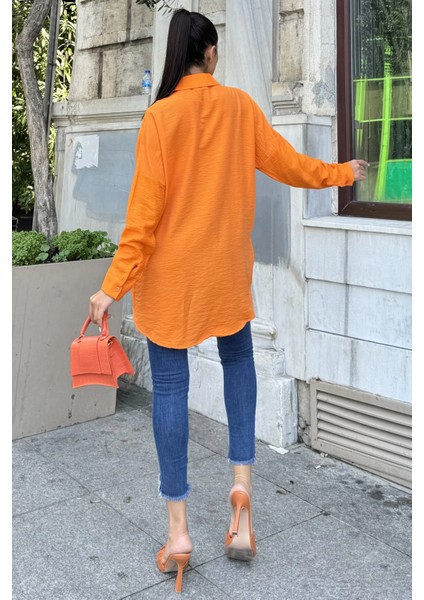 Turuncu Taş Detaylı Keten Klasik Gömlek fırsatları