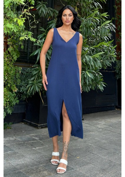 Lacivert V Yaka Uzun Salaş Elbise