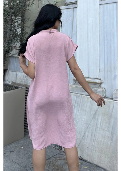 Pudra Polo Yaka Dokulu Rahat Midi Elbise modelleri