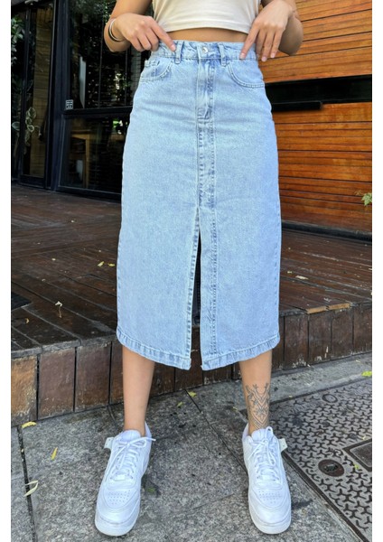Açık Mavi Cepli Yırtmaçlı Uzun Denim Etek fırsatları
