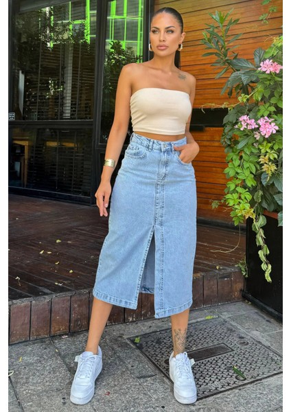 Açık Mavi Cepli Yırtmaçlı Uzun Denim Etek