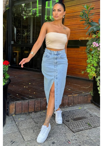 Açık Mavi Cepli Yırtmaçlı Uzun Denim Etek fiyatları