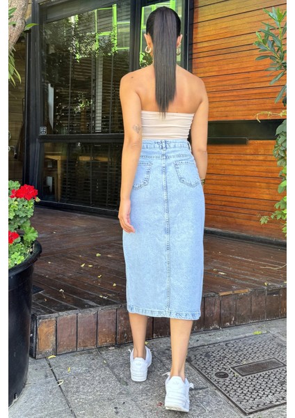 Açık Mavi Cepli Yırtmaçlı Uzun Denim Etek modelleri