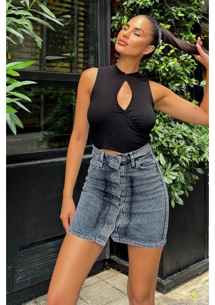 Siyah Yüksek Bel Cepli Mini Kot Etek