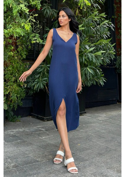 Lacivert V Yaka Uzun Salaş Elbise fiyatları