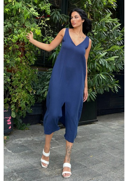 Lacivert V Yaka Uzun Salaş Elbise modelleri