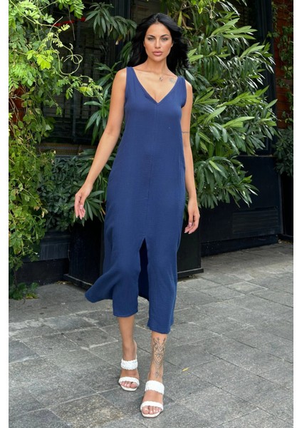 Lacivert V Yaka Uzun Salaş Elbise indirimleri