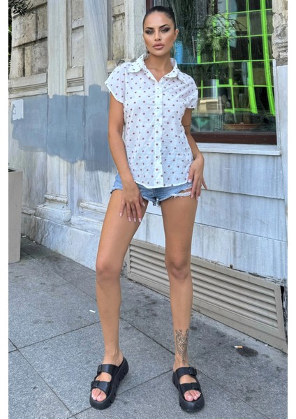 Kadın Gül Kurusu Nakış Işleme, Rahat Kesim, Kısa Kollu, Flamlı Keten Gömlek fiyatları