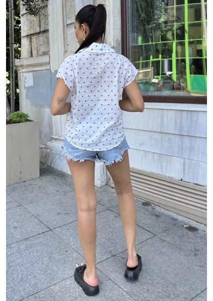 Kadın Gül Kurusu Nakış Işleme, Rahat Kesim, Kısa Kollu, Flamlı Keten Gömlek modelleri