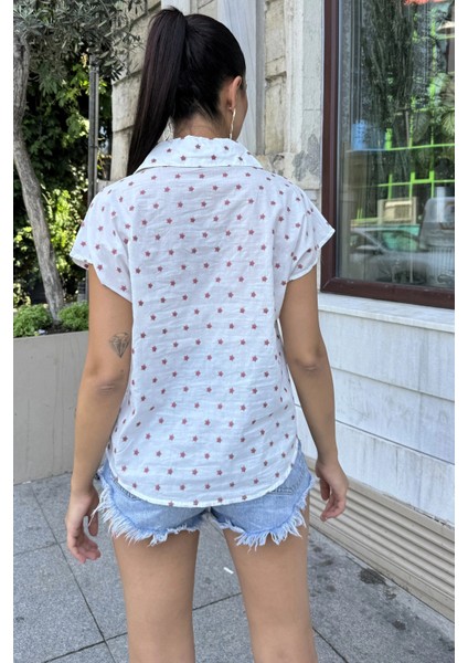 Kadın Gül Kurusu Nakış Işleme, Rahat Kesim, Kısa Kollu, Flamlı Keten Gömlek fırsatları