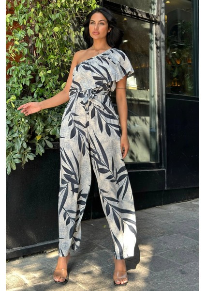 Siyah Desenli Tek Omuz Kuşaklı Viskon Tulum