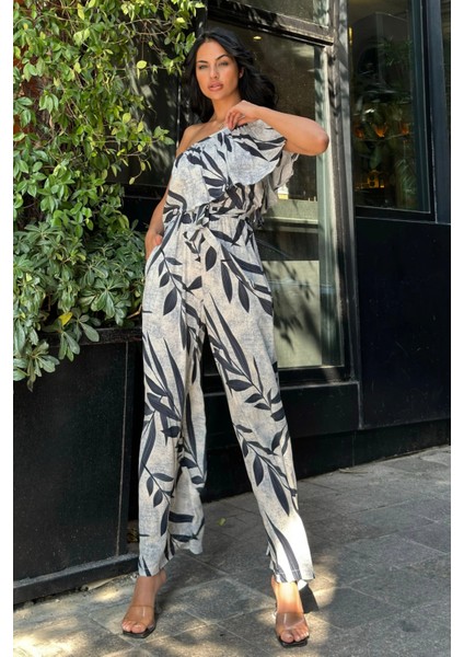 Siyah Desenli Tek Omuz Kuşaklı Viskon Tulum fiyatları