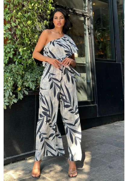 Siyah Desenli Tek Omuz Kuşaklı Viskon Tulum fırsatları