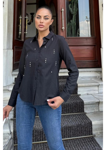 Siyah Taş Detaylı Klasik Kesim Keten Pamuklu Gömlek fiyatları