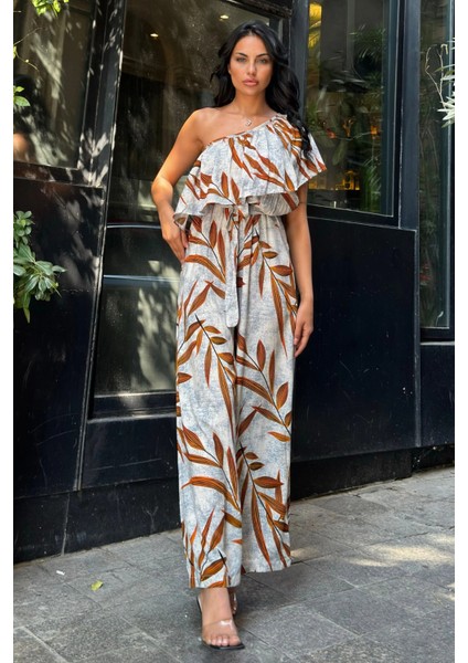 Turuncu Tek Omuz Fırfır Detaylı Tulum