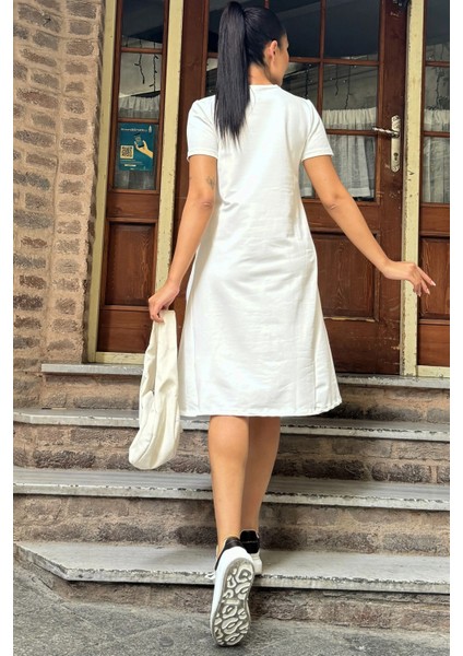 Kadın Ekru Yuvarlak Yaka, Kısa Kollu, Diz Boyu, Dökümlü A Kesim, Salaş Günlük Elbise fiyatları