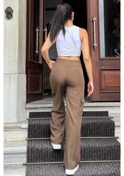 Kadın Kahve Beli Lastikli, Kargo Cepli, Bol Paça Kupra Kumaş Palazzo Pantolon - Tesettüre Uygun modelleri