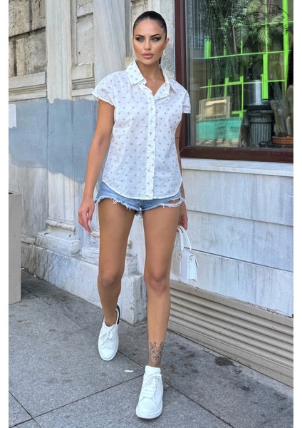 Kadın Bej Nakış Işleme, Rahat Kesim, Kısa Kollu, Flamlı Keten Gömlek modelleri