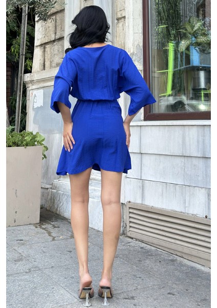 Saks Yaka Detaylı Kloş Elbise