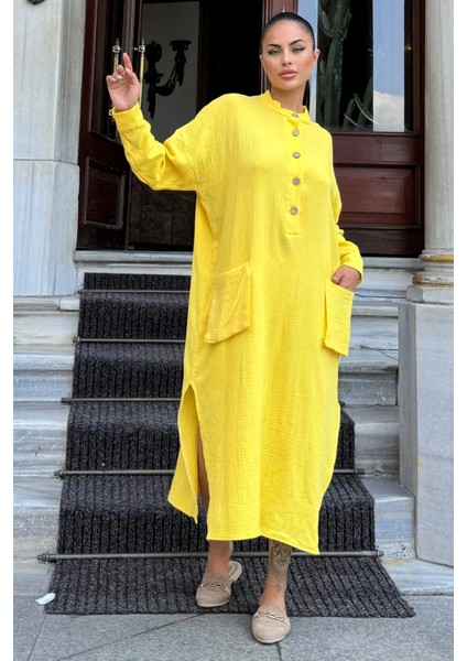 Kadın Sarı Oversize, Rahat Kesim, Cepli, Uzun Müslin Elbise